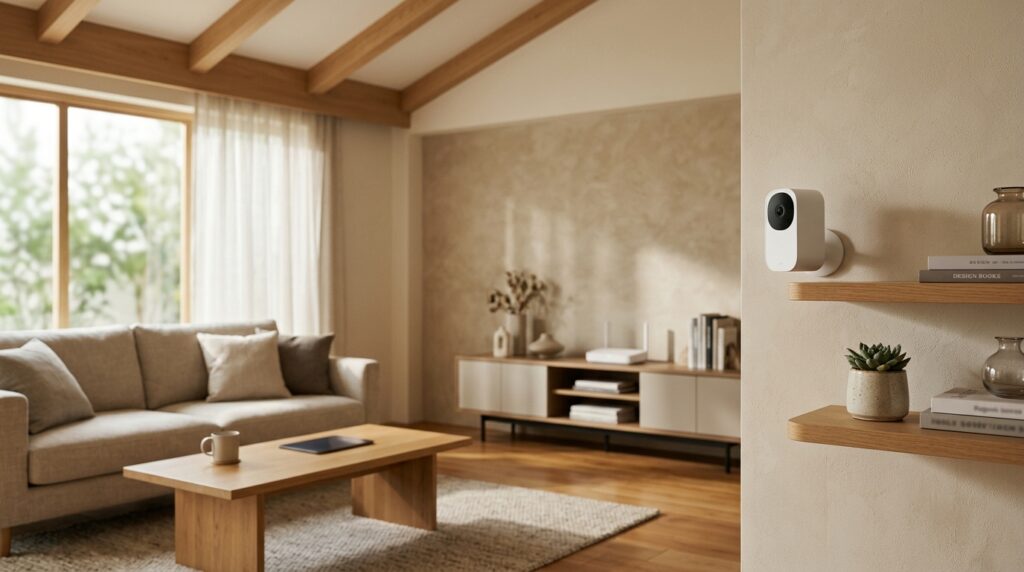 Uma câmera Wi-Fi instalada em um ambiente residencial, representando a captura e transmissão das imagens para acesso remoto.