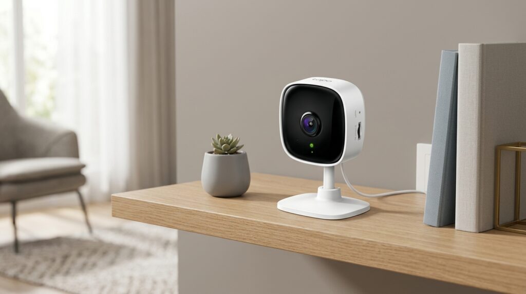 A TP-Link Tapo C100 instalada em um ambiente residencial interno para monitoramento por Wi-Fi.