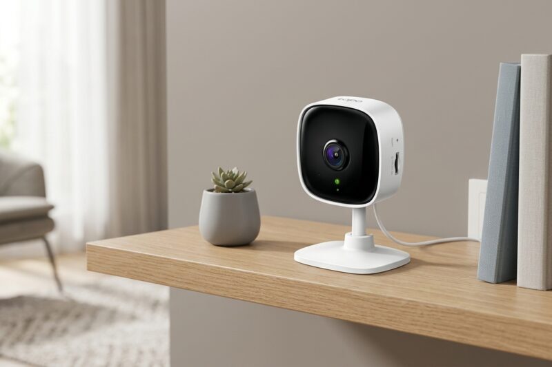 A TP-Link Tapo C100 instalada em um ambiente residencial interno para monitoramento por Wi-Fi.