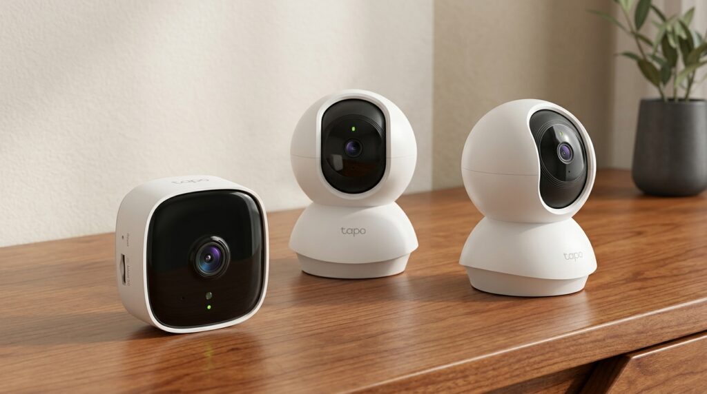 Os modelos Tapo C100, C200 e C210 representam diferentes opções de câmeras internas para monitoramento residencial com armazenamento local.