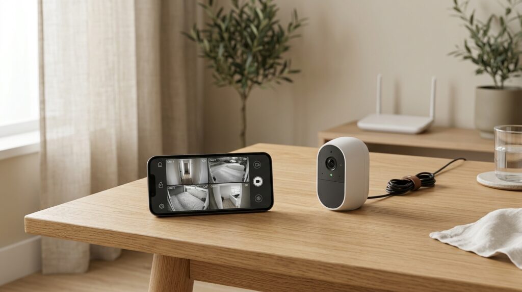 Smartphone, câmera Wi-Fi e roteador preparados para a configuração de um sistema de monitoramento residencial.