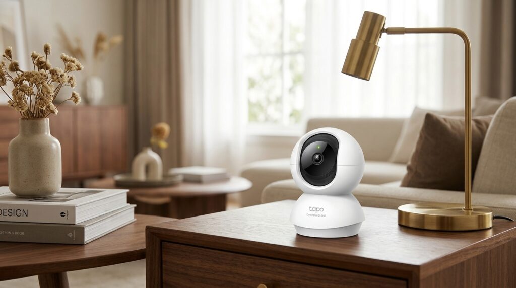 Câmera Tapo posicionada em um ambiente residencial interno, pronta para ser configurada e utilizada pelo aplicativo.