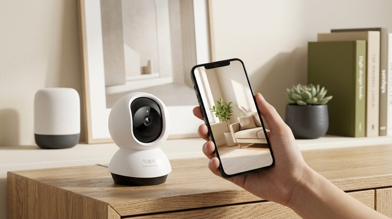 Teste da transmiss&atilde;o da c&acirc;mera Tapo C220 pelo celular antes da instala&ccedil;&atilde;o definitiva no ambiente.
