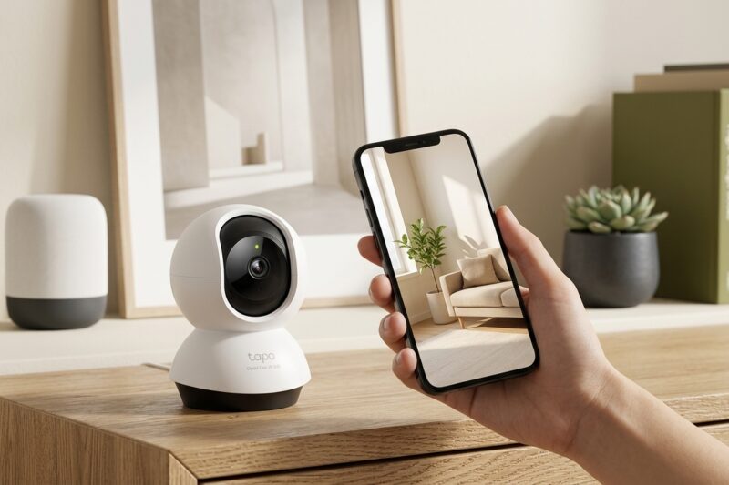 Teste da transmiss&atilde;o da c&acirc;mera Tapo C220 pelo celular antes da instala&ccedil;&atilde;o definitiva no ambiente.